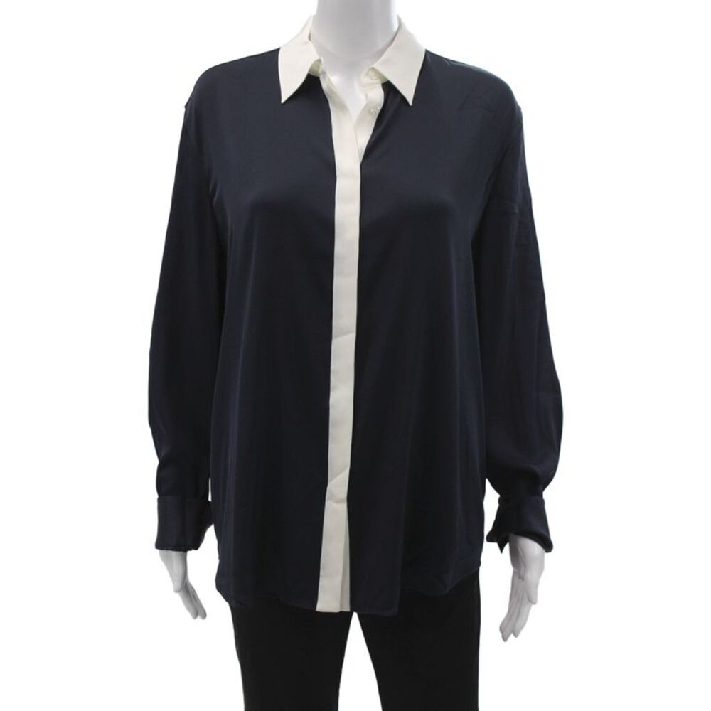 Lily Silk Women Blue Collared Colorblock Long Sleeve Blouse Size 2XL